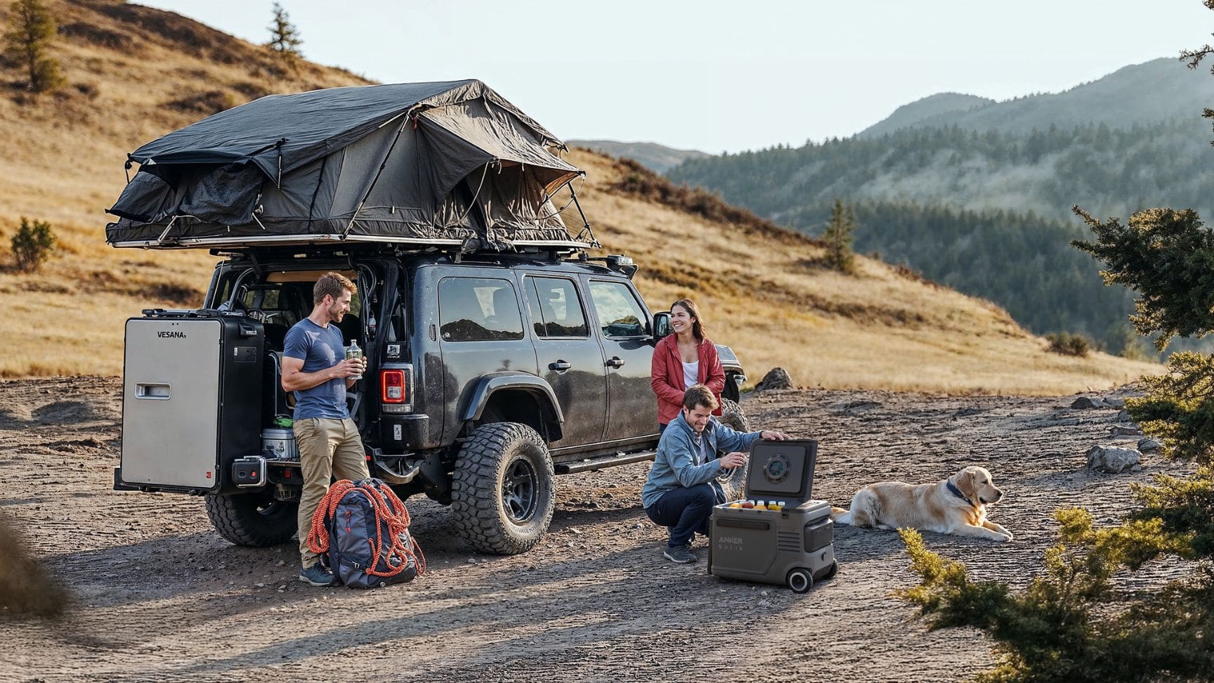 Anker SOLIX EverFrost 2 Electric Cooler 40L beside a camping van with three people