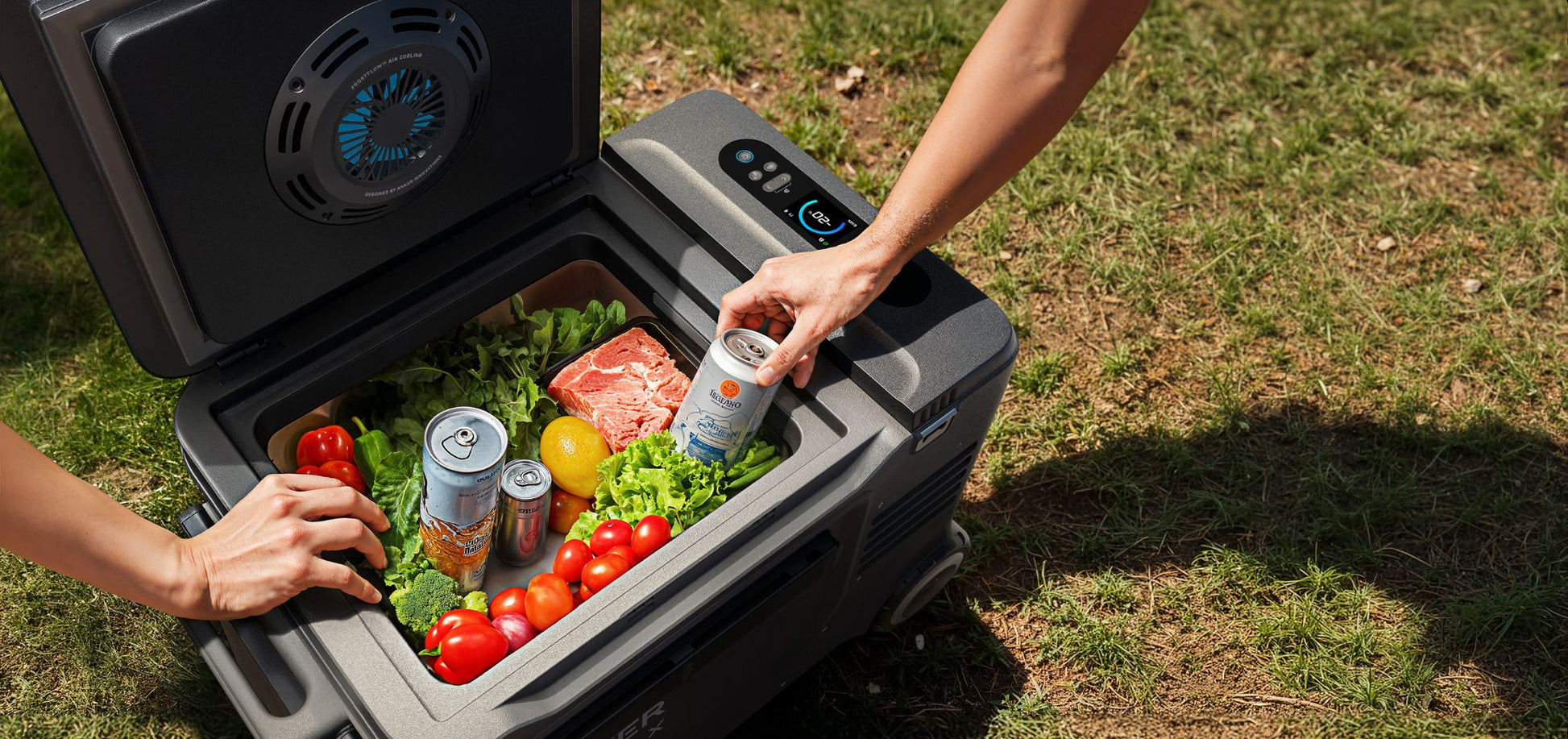 Anker SOLIX EverFrost 2 Electric Cooler 40L filled with drinks and fresh veggies