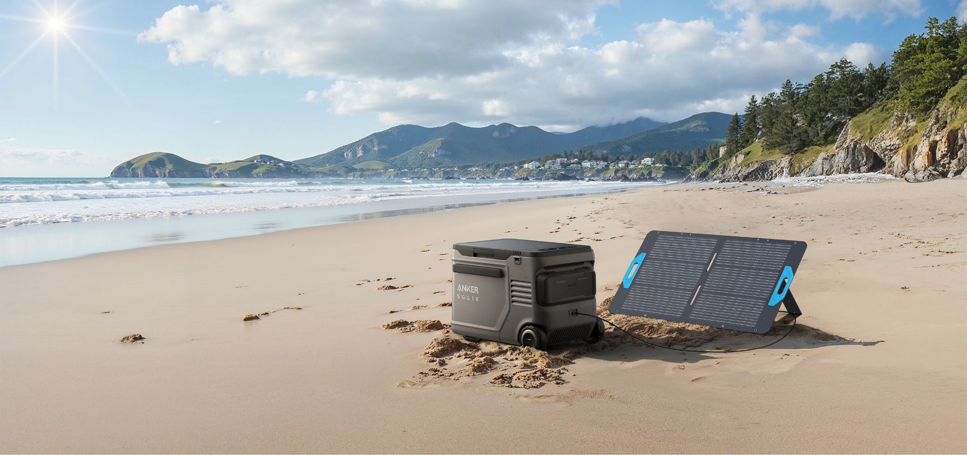 Anker SOLIX EverFrost 2 Electric Cooler 40L next to a solar panel on a sunny beach