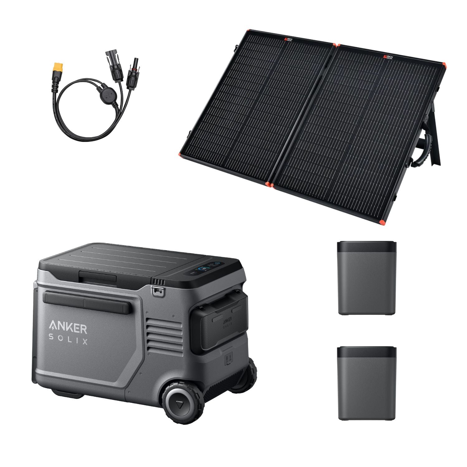 Anker SOLIX EverFrost 2 Electric Cooler 40L with 2 removable batteries, PS100 solar panel, and MC4 to XT60 cable