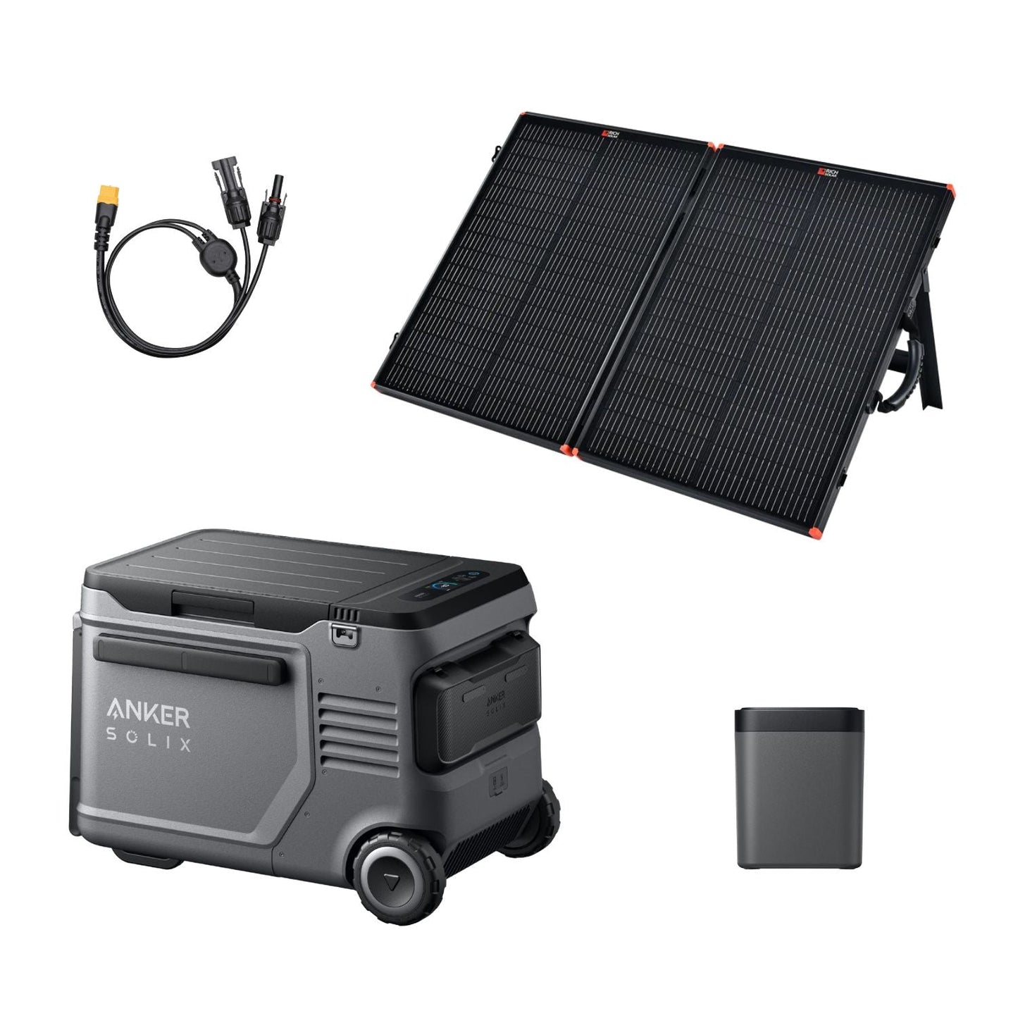 Anker SOLIX EverFrost 2 Electric Cooler 40L with removable battery, PS100 solar panel, and MC4 to XT60 cable