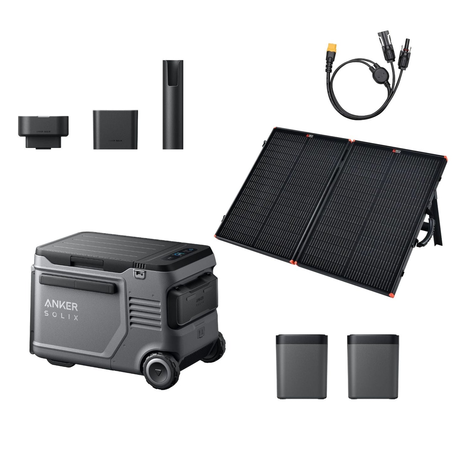Anker SOLIX EverFrost 2 Electric Cooler 40L with two batteries, PS100 solar panel, MC4 to XT60 cable, and Road Trip Kit
