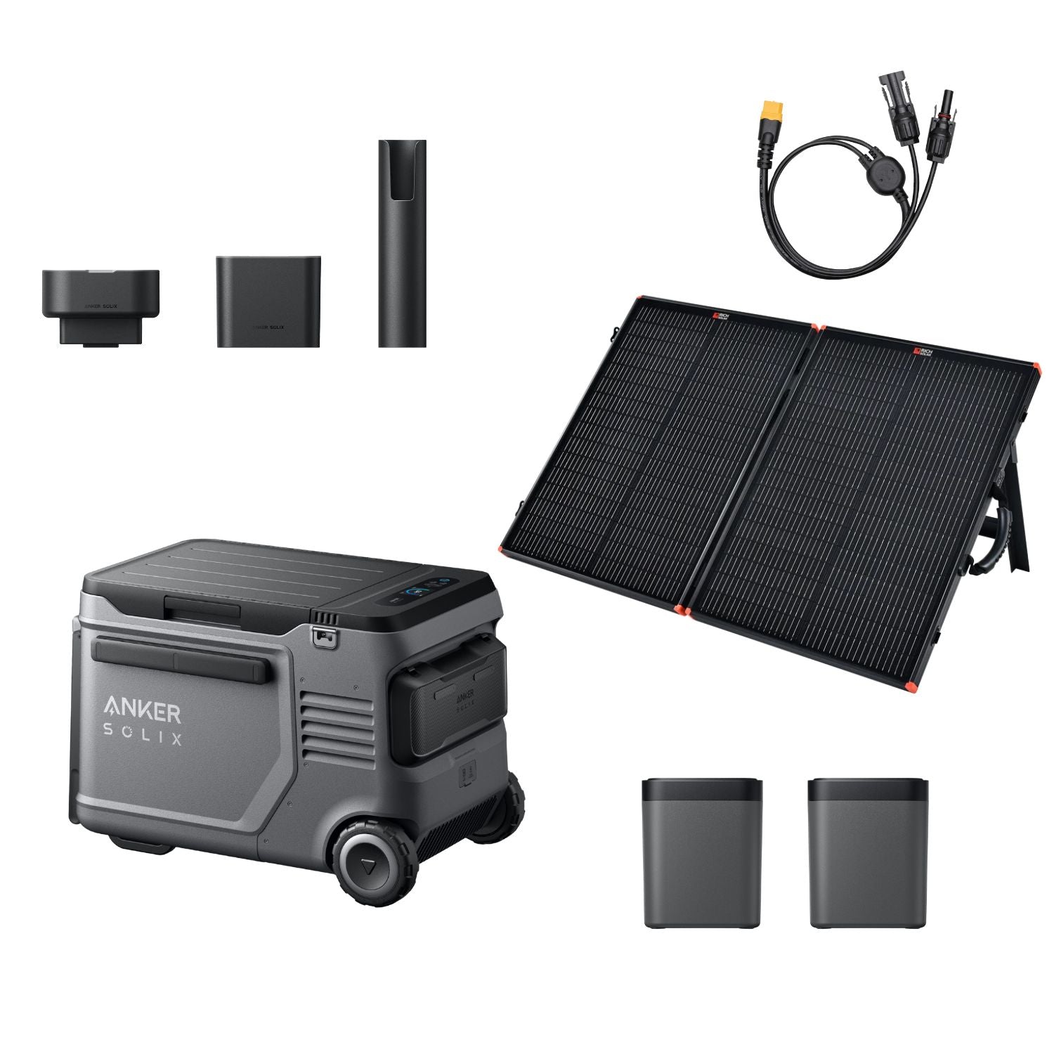 Anker SOLIX EverFrost 2 Electric Cooler 40L with two batteries, PS100 solar panel, MC4 to XT60 cable, and Road Trip Kit