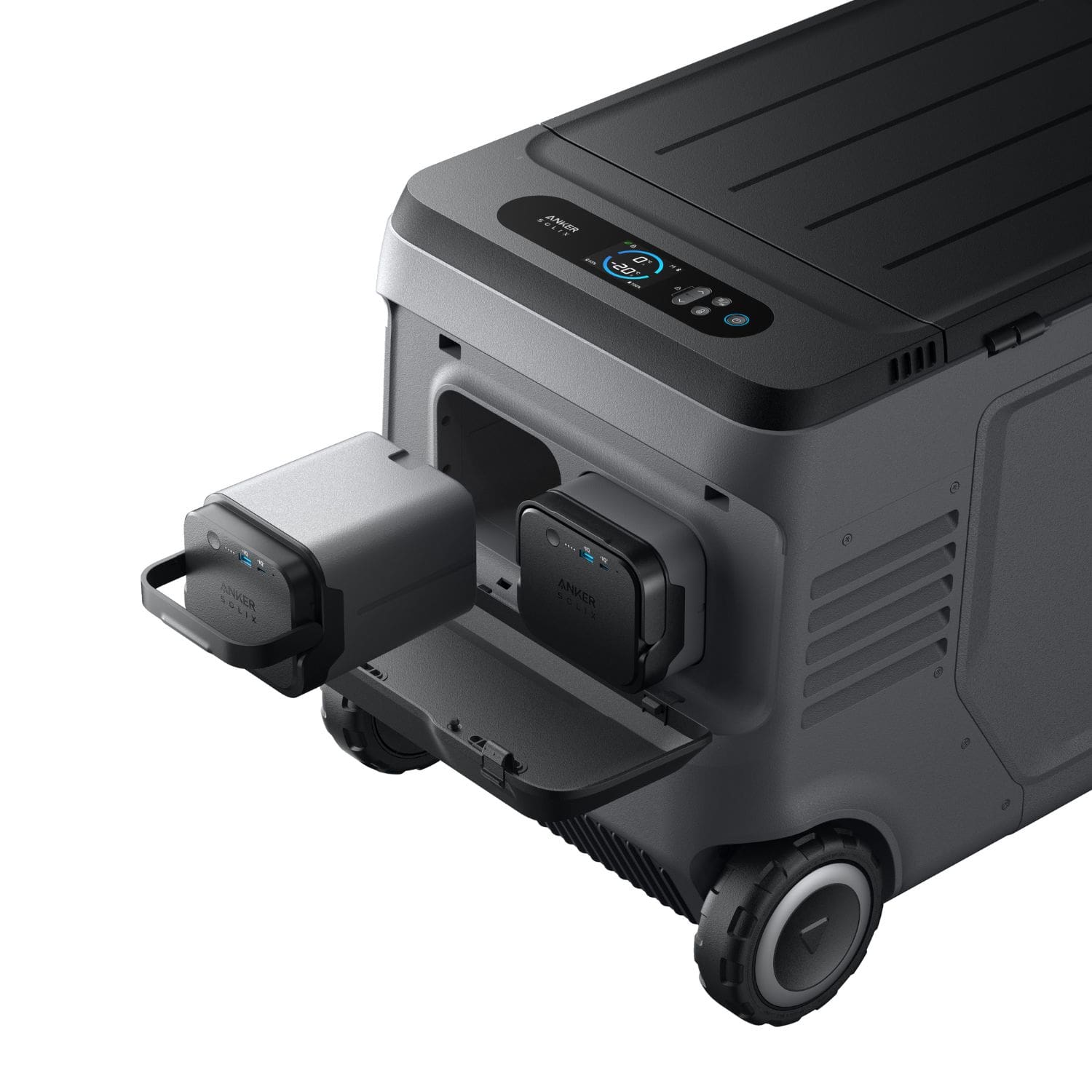 Anker SOLIX EverFrost 2 Electric Cooler 58L back view with close-up of battery