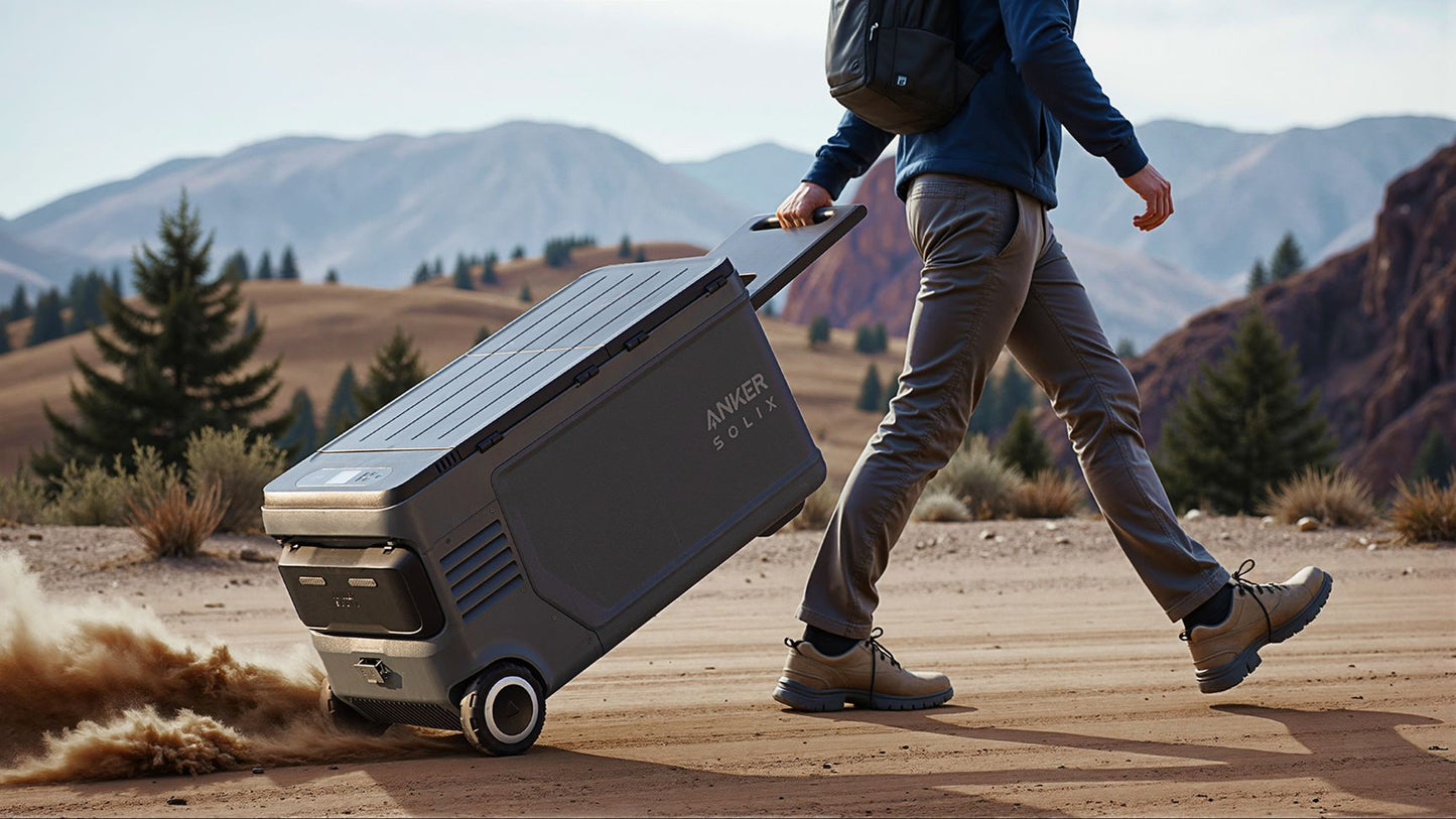 Anker SOLIX EverFrost 2 Electric Cooler 58L being pulled by a man