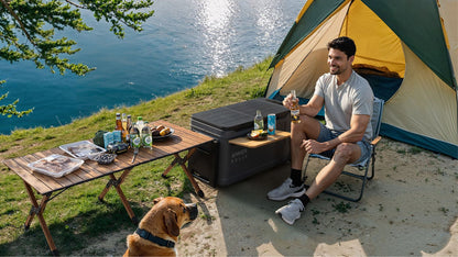 Anker SOLIX EverFrost 2 Electric Cooler 58L next to a man beside a tent