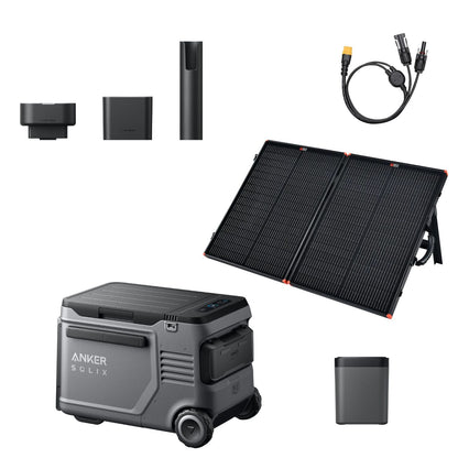 Anker SOLIX EverFrost 2 Electric Cooler 40L with one battery, PS100 solar panel, MC4 to XT60 cable, and Road Trip Kit