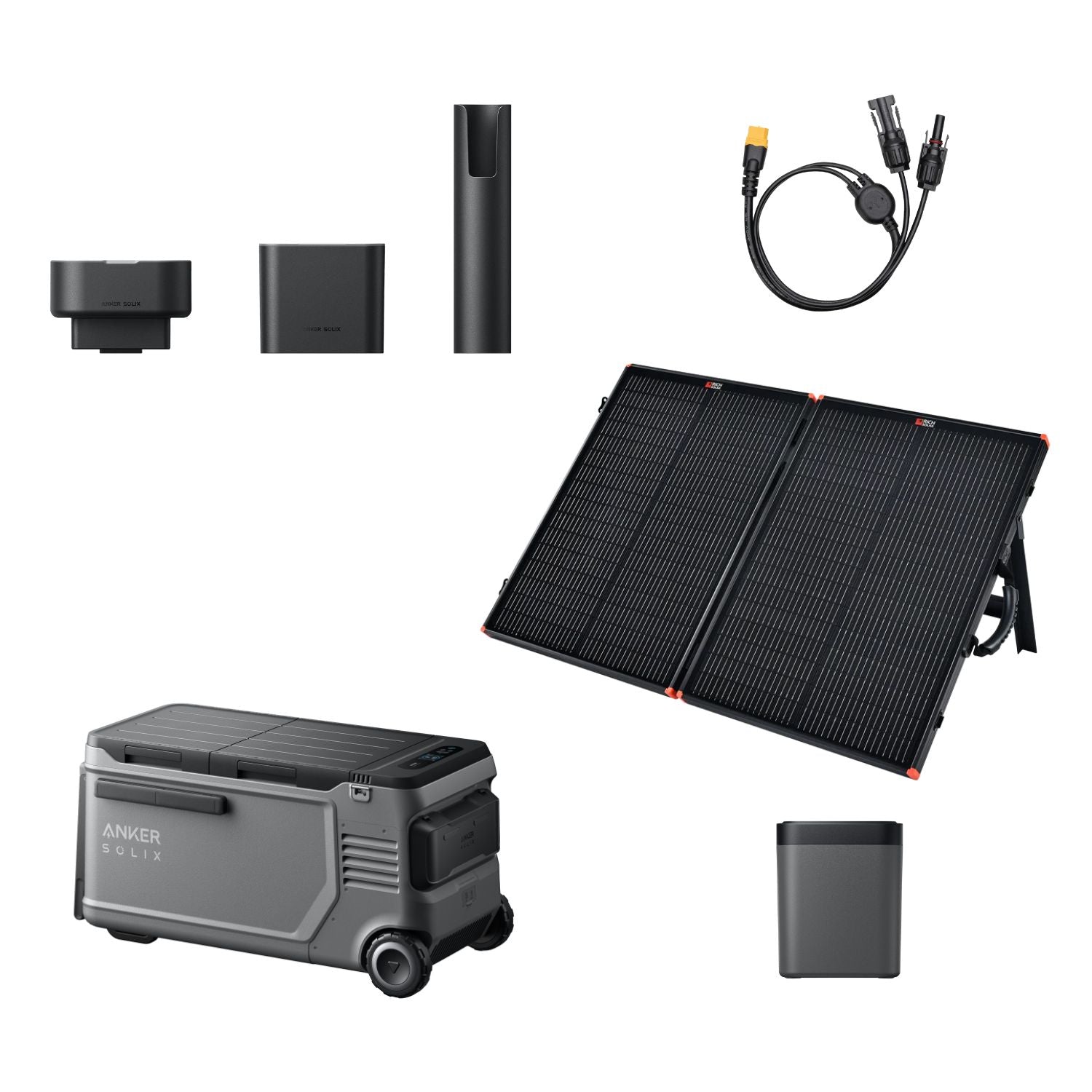 Anker SOLIX EverFrost 2 Electric Cooler 58L with one removable battery, PS100 solar panel, MC4 to XT60 cable, and Road Trip Kit