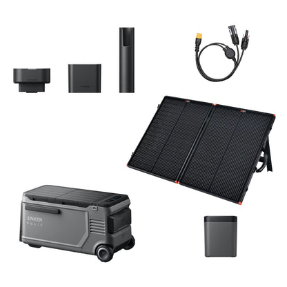 Anker SOLIX EverFrost 2 Electric Cooler 58L with one removable battery, PS100 solar panel, MC4 to XT60 cable, and Road Trip Kit