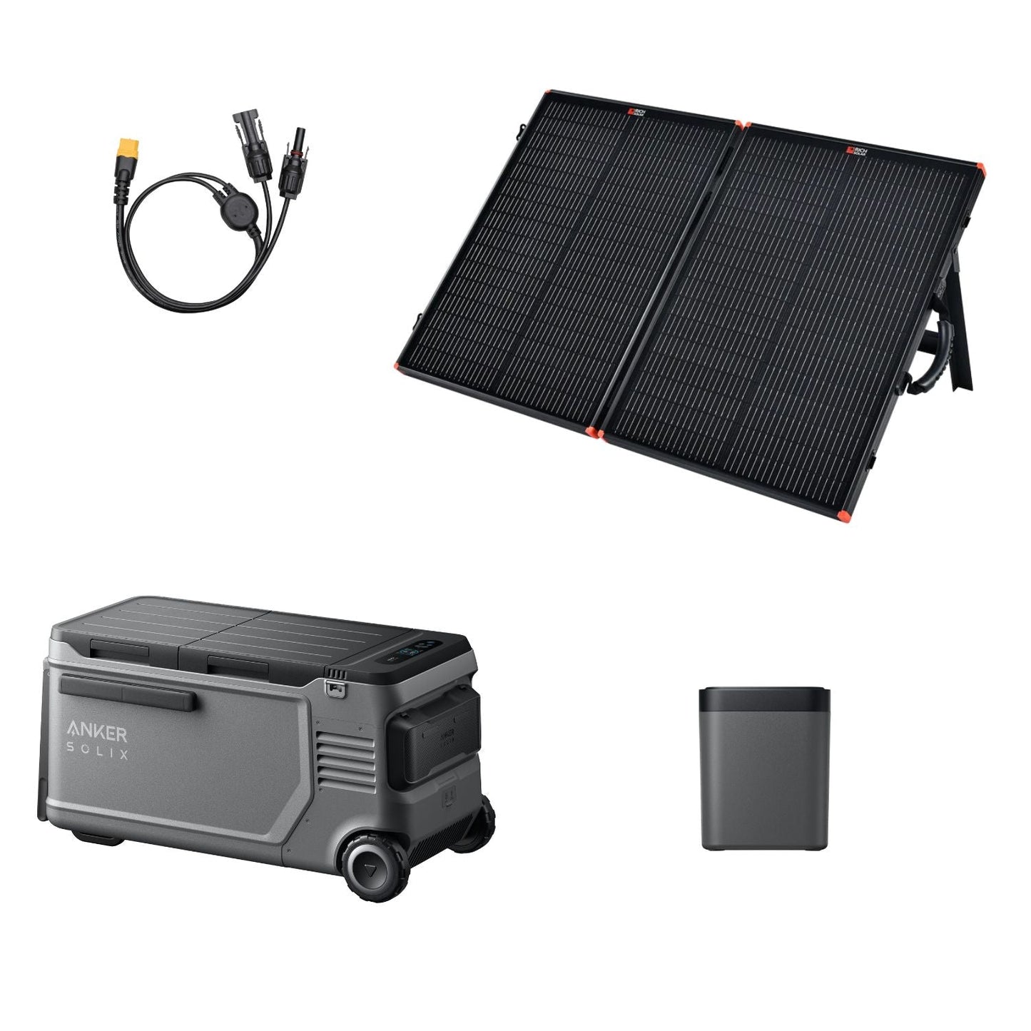 Anker SOLIX EverFrost 2 Electric Cooler 58L with removable battery, PS100 solar panel, and MC4 to XT60 cable