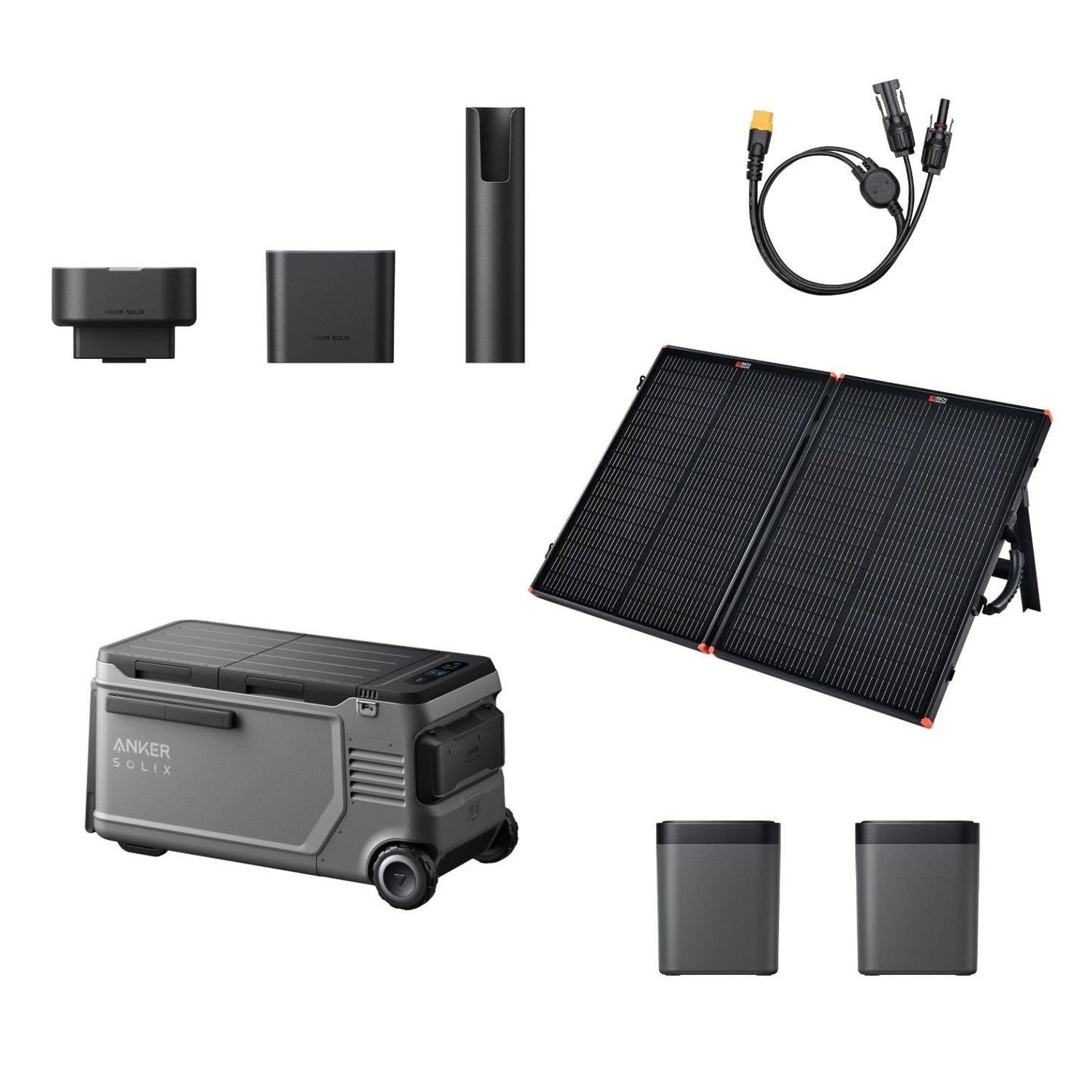 Anker SOLIX EverFrost 2 Electric Cooler 58L with two removable batteries, PS100 solar panel, MC4 to XT60 cable, and Road Trip Kit