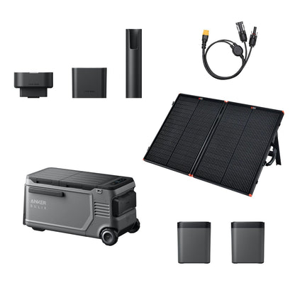 Anker SOLIX EverFrost 2 Electric Cooler 58L with two removable batteries, PS100 solar panel, MC4 to XT60 cable, and Road Trip Kit