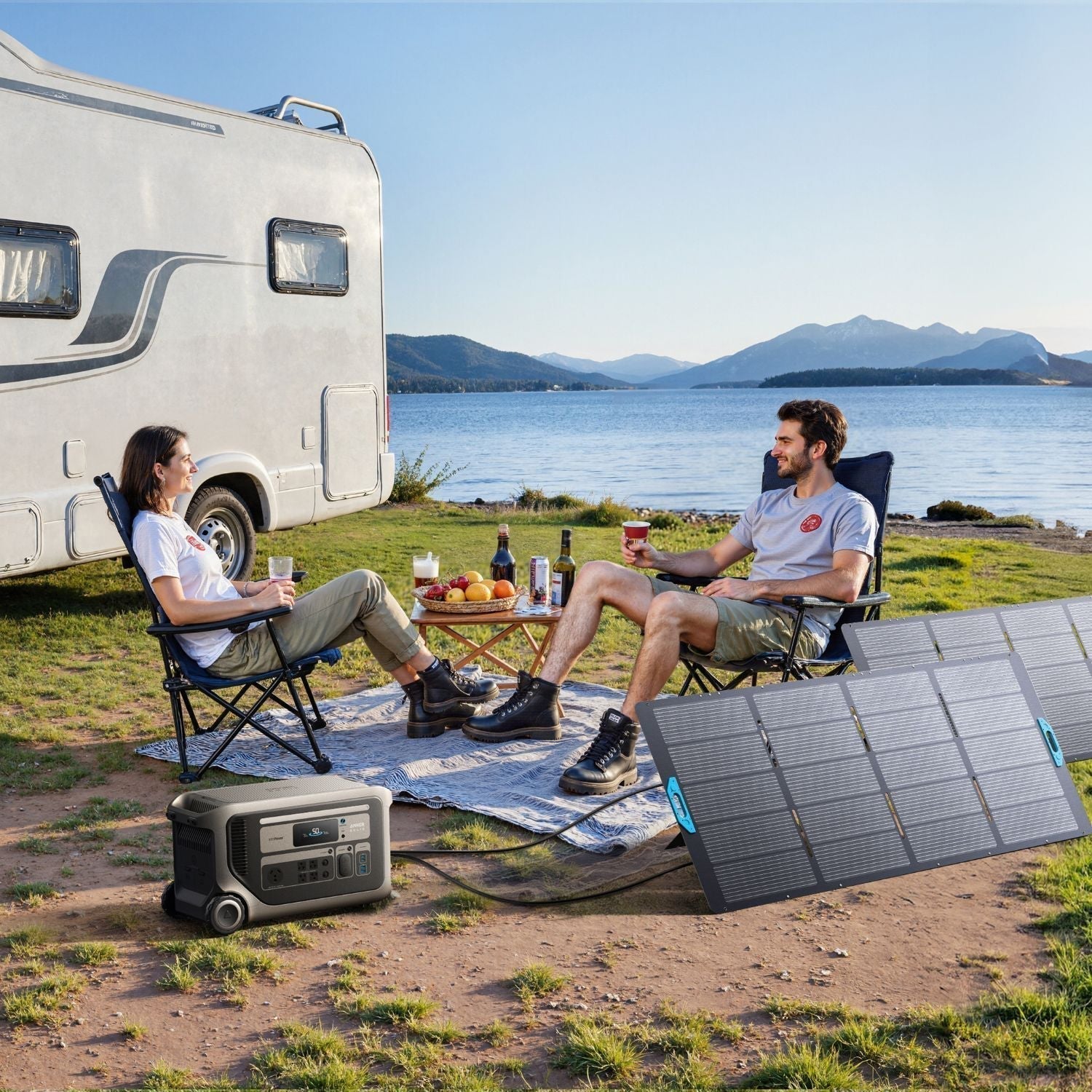 Anker SOLIX F3000 Portable Power Station charging via solar panel while two people enjoy drinks nearby