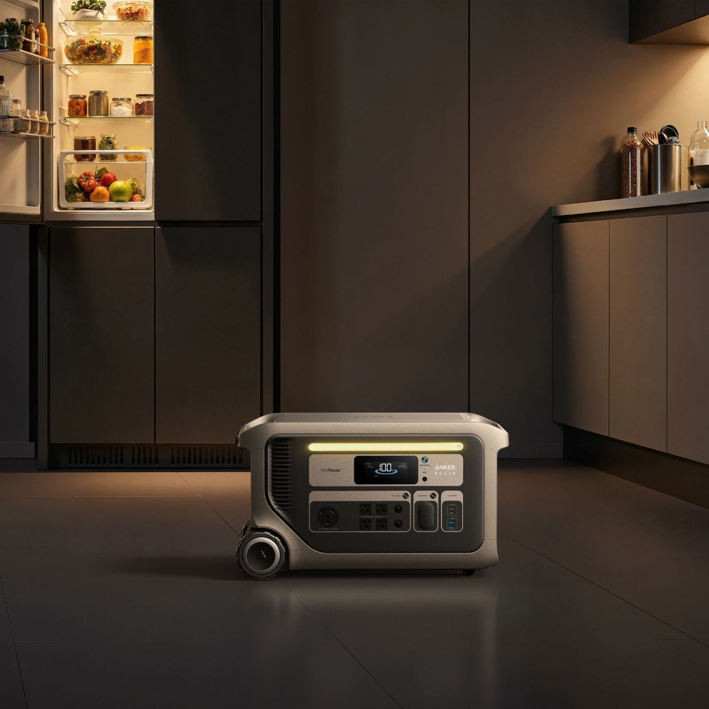 Anker SOLIX F3000 Portable Power Station placed on a kitchen floor near cabinets