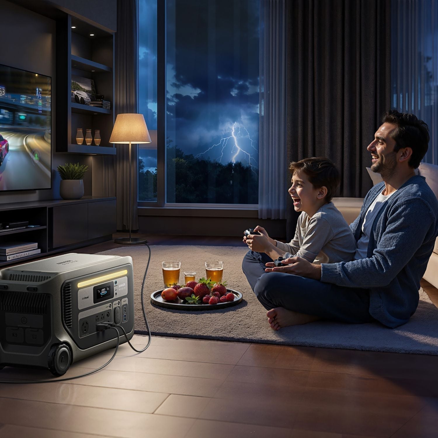 Anker SOLIX F3000 Portable Power Station powering a TV and lamp as a man and his child watch together