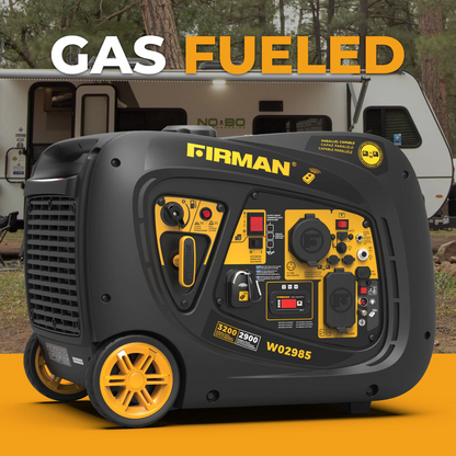 Anker SOLIX F3000 with the Firman W02985 - Deluxe Kit gas fueled generator with an RV in the background