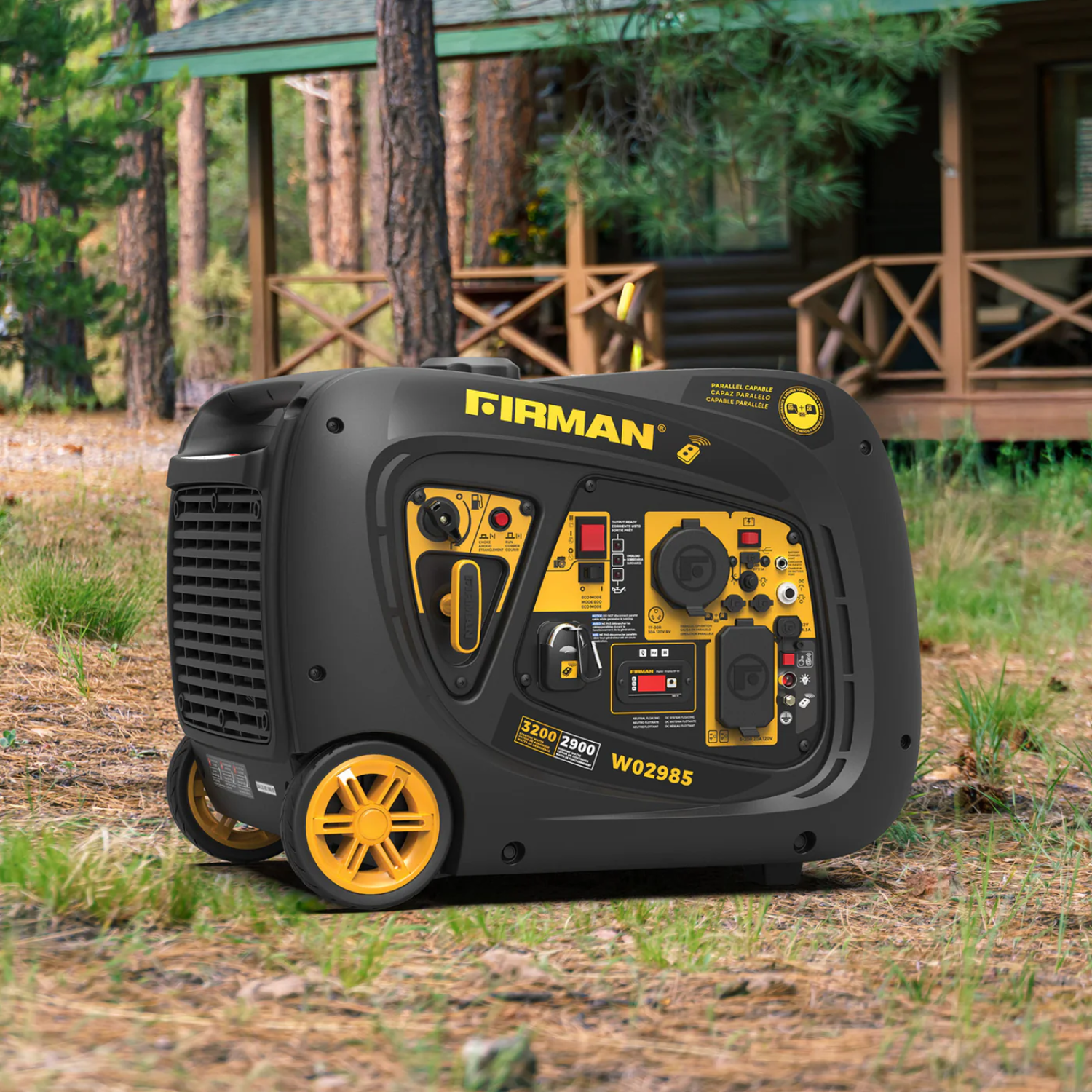 Anker SOLIX F3000 with the Firman W02985 - Deluxe Kit in a forest setting with a cabin in the background