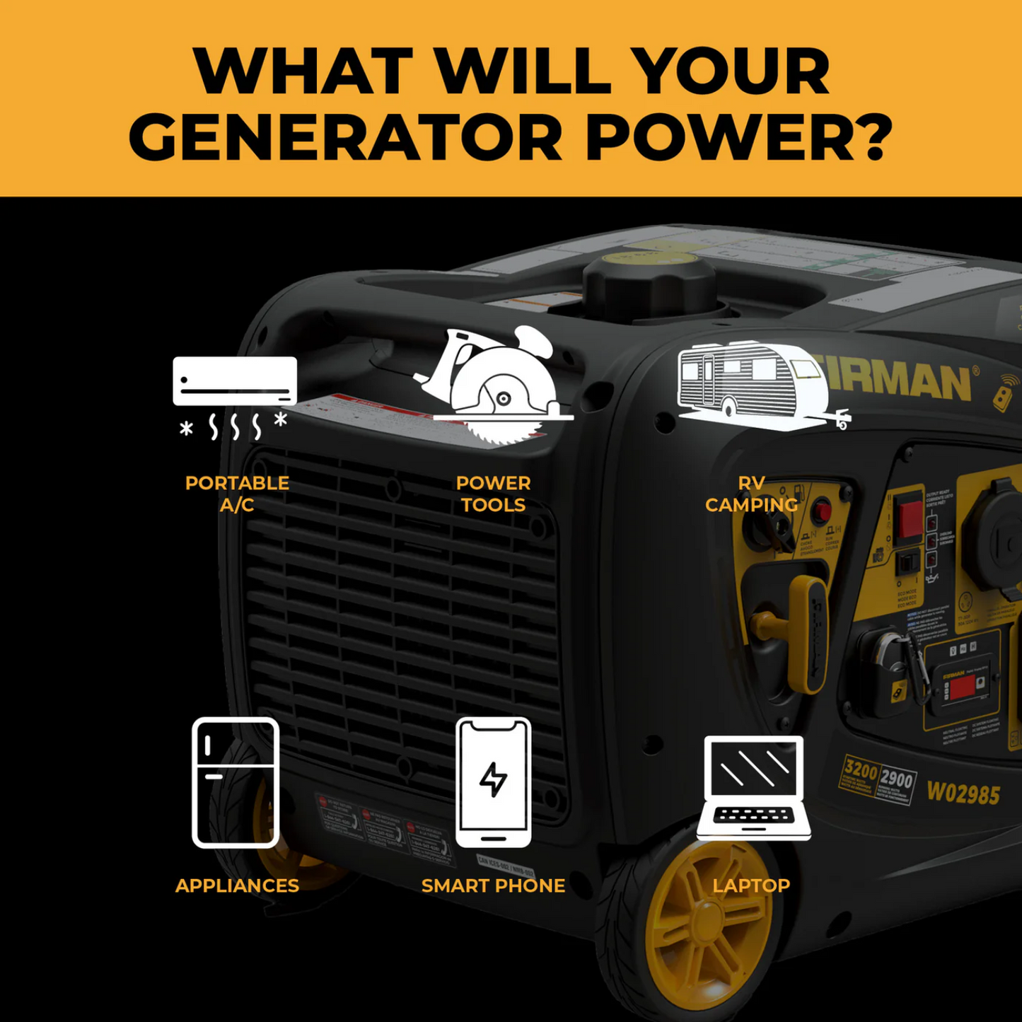 Anker SOLIX F3000 with the Firman W02985 - Deluxe Kit with icons indicating its uses for various devices on a black and yellow background.