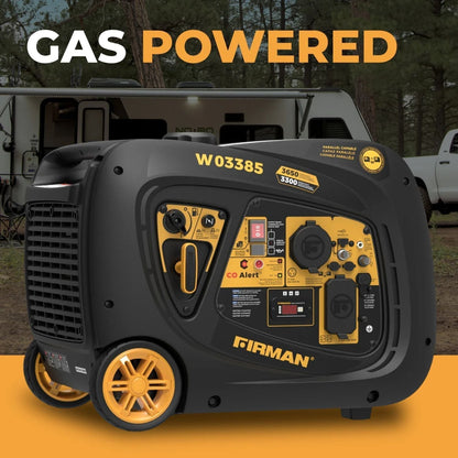 Anker SOLIX F3000 with the Firman W03385 - Premium Kit  Gas-powered generator with visible branding on a blurred outdoor background