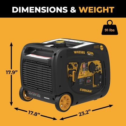 Anker SOLIX F3000 with the Firman W03385 - Premium Kit with dimensions and weight information on a yellow background