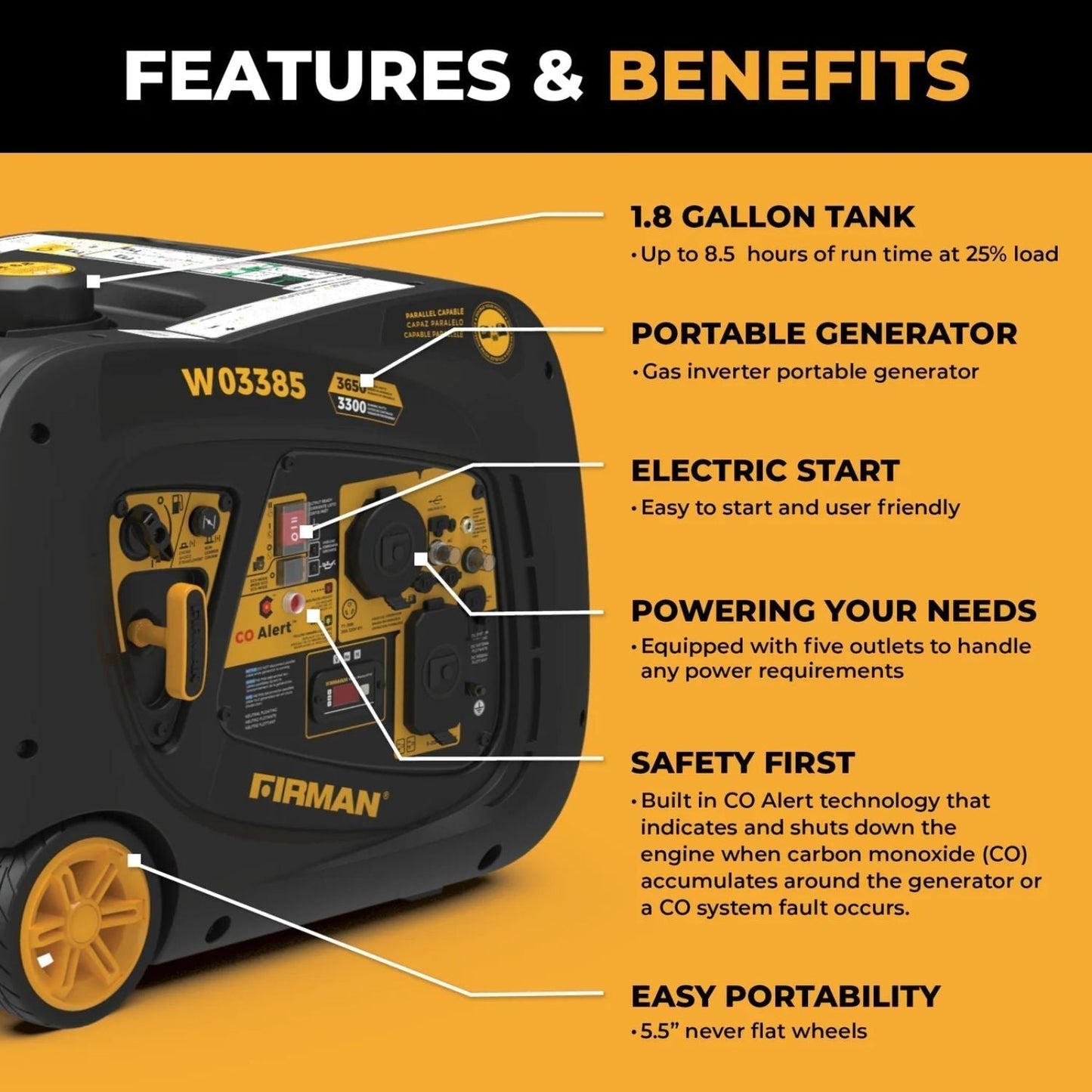 Anker SOLIX F3000 with the Firman W03385 - Premium Kit with features and benefits highlighted on a yellow background