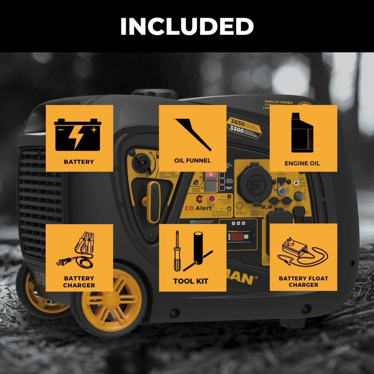 Anker SOLIX F3000 with the Firman W03385 - Premium Kit  with included items highlighted on a dark background