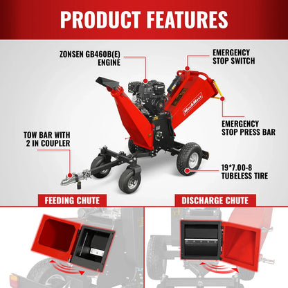 MechMaxx B150 Wood Chipper 6" ZONSEN Electric Start 459cc 15HP Gas Powered 4-Wheel Drum with Taillight New