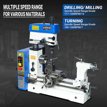 MechMaxx HQ400 Combination Lathe Milling Machine 1 HP 16x16" Multi-Function Metalworking Combo Lathe Drill Mill Head New