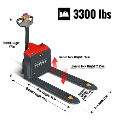 MechMaxx EPT33 Pallet Jack 3300 lbs Lithium-ion Electric 45" x 27" Fork 24V 40Ah Walkie Type Truck New