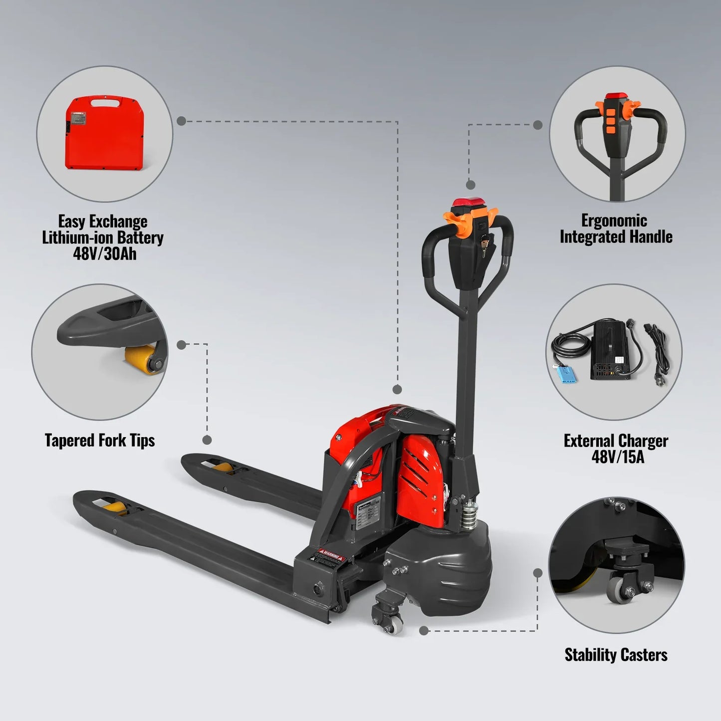 MechMaxx LPT44 Pallet Jack 4400 lbs Lithium-ion Electric 45x27" Fork 48V 30Ah Removable Battery Walkie Type New