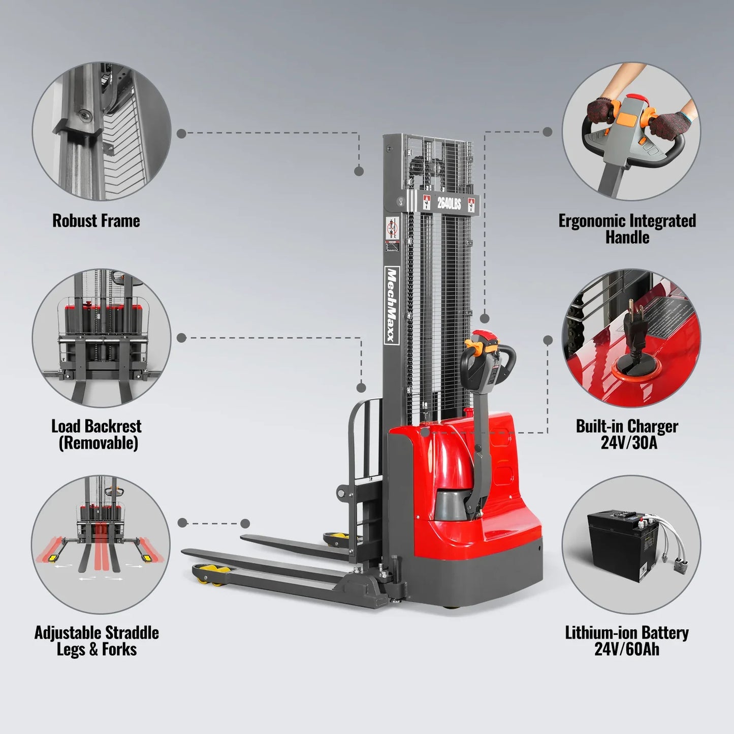MechMaxx F26-118S Stacker 2640 lbs Lithium-ion Electric Straddle 118" Lift Adjustable Legs Forks New
