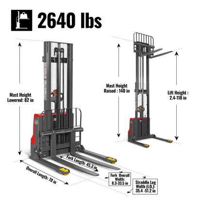 MechMaxx F26-118S Stacker 2640 lbs Lithium-ion Electric Straddle 118" Lift Adjustable Legs Forks New
