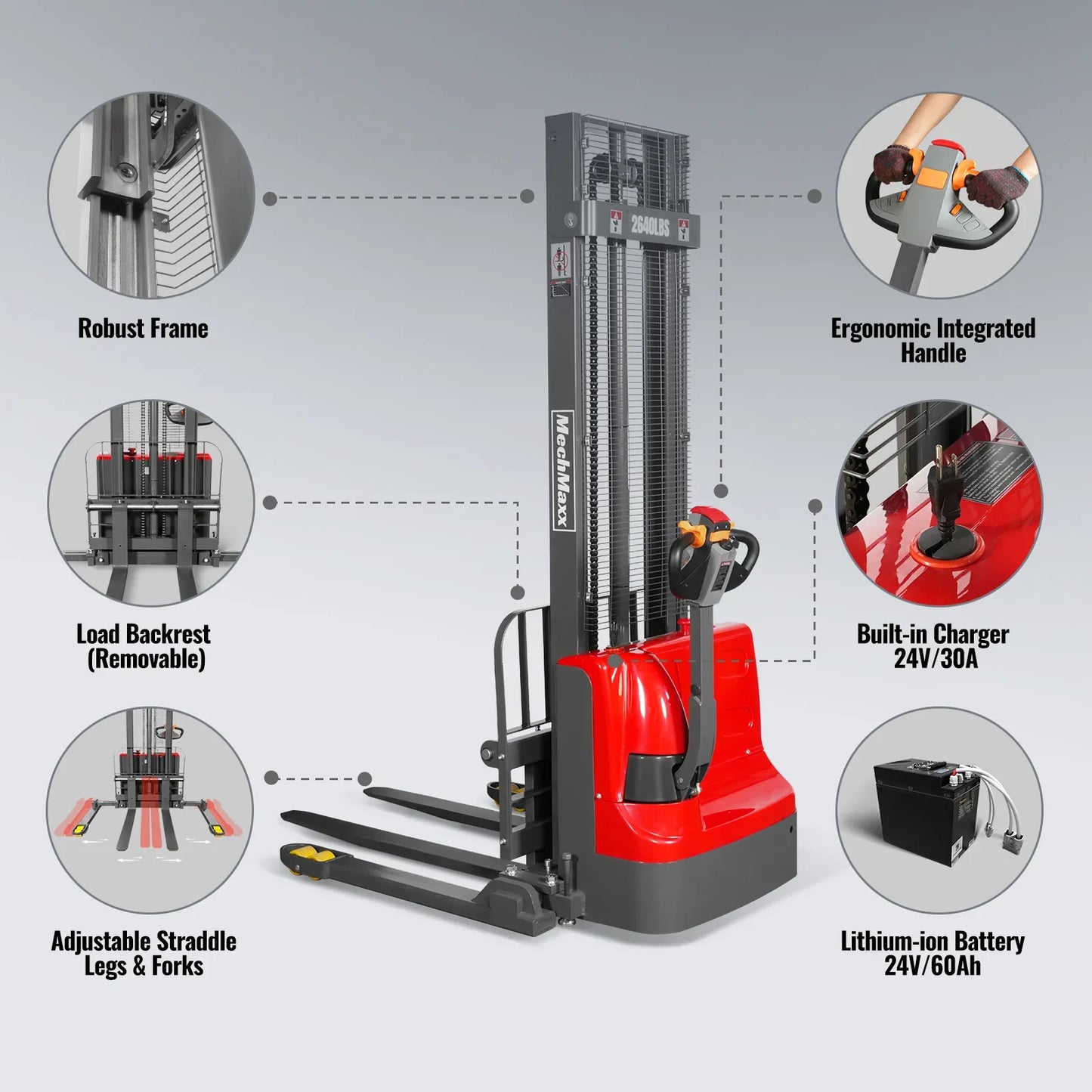 MechMaxx F26-138S Stacker 2640 lbs Lithium-ion Electric Straddle 138" Lift Adjustable Legs & Forks New