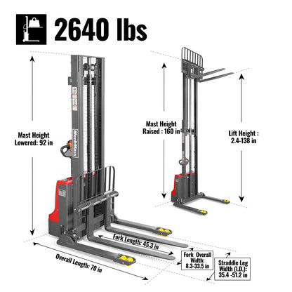 MechMaxx F26-138S Stacker 2640 lbs Lithium-ion Electric Straddle 138" Lift Adjustable Legs & Forks New
