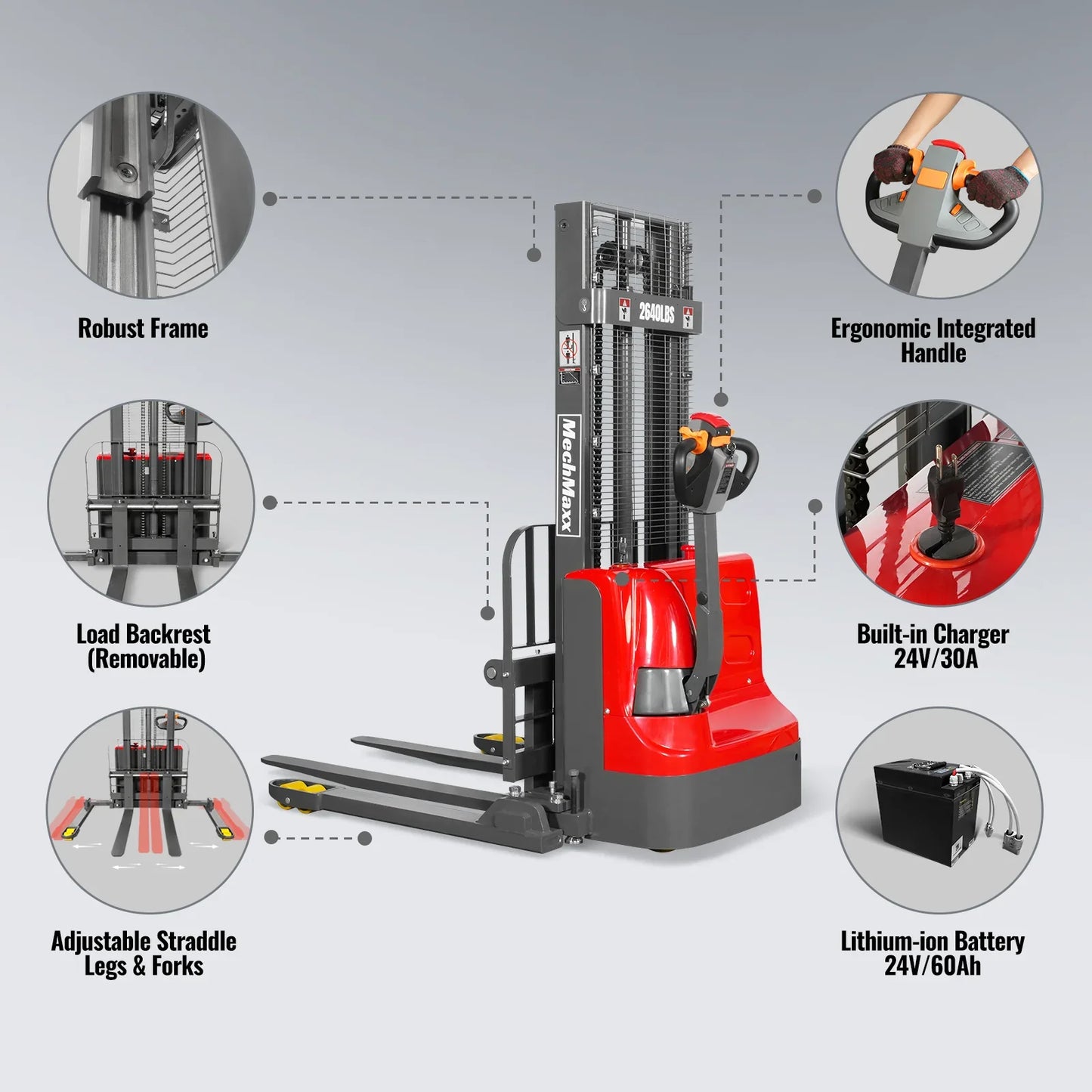 MechMaxx F26-98S Stacker 2640 lbs Lithium-ion Electric Straddle 98" Lift Adjustable Legs & Forks New