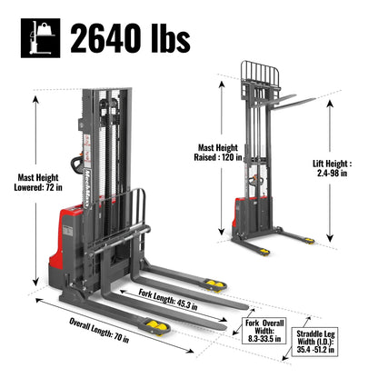MechMaxx F26-98S Stacker 2640 lbs Lithium-ion Electric Straddle 98" Lift Adjustable Legs & Forks New