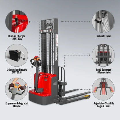 MechMaxx F33-118S Stacker 3300 lbs Lithium-ion Electric Straddle 118" Lift Adjustable Legs Forks New