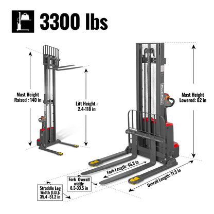 MechMaxx F33-118S Stacker 3300 lbs Lithium-ion Electric Straddle 118" Lift Adjustable Legs Forks New