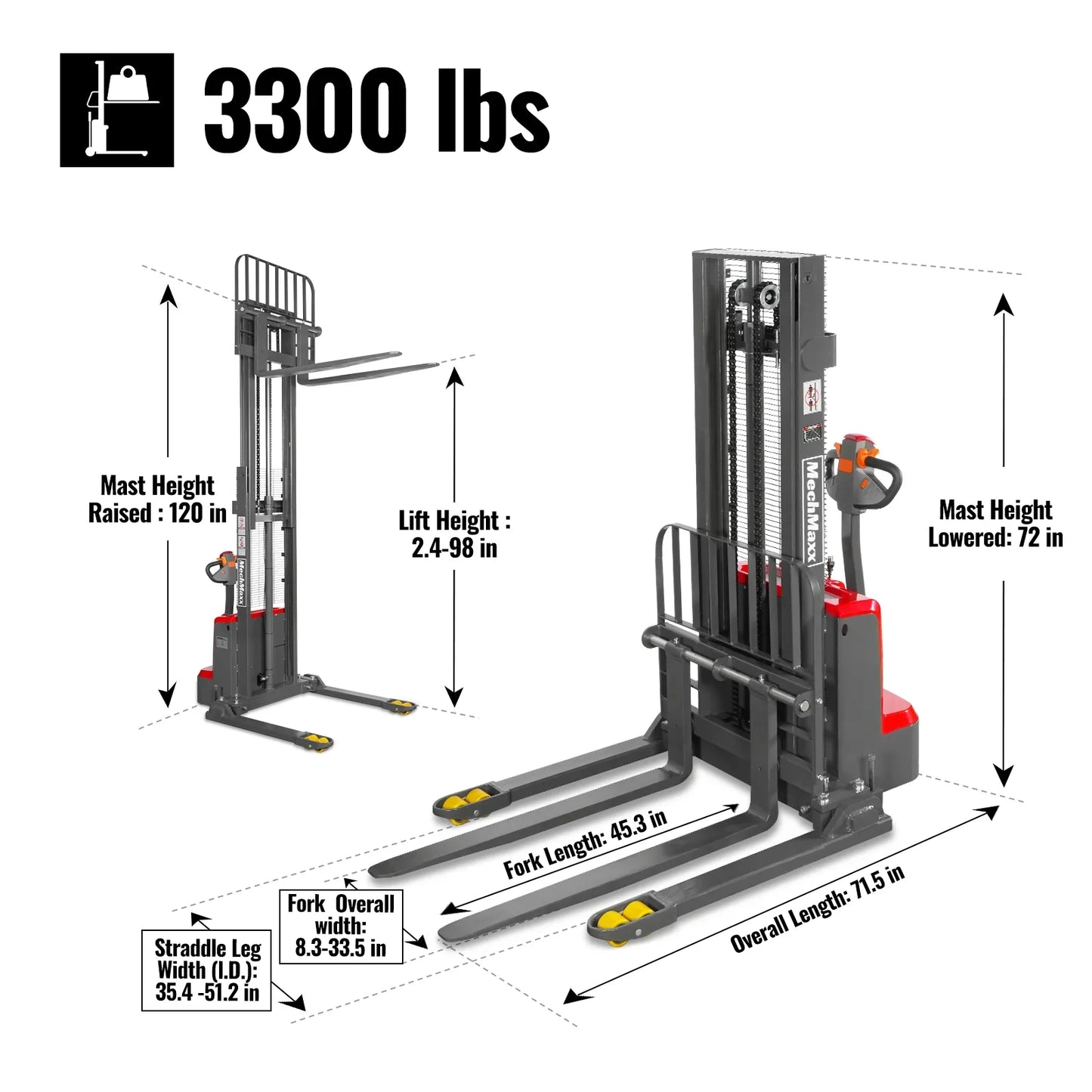 MechMaxx F33-98S Stacker 3300 lbs Lithium-ion Electric Straddle 98" Lift Adjustable Legs & Forks New