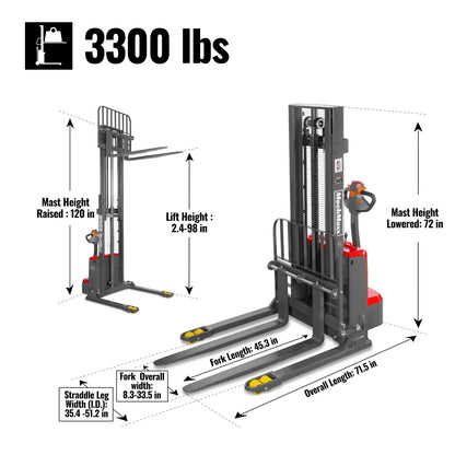 MechMaxx F33-98S Stacker 3300 lbs Lithium-ion Electric Straddle 98" Lift Adjustable Legs & Forks New