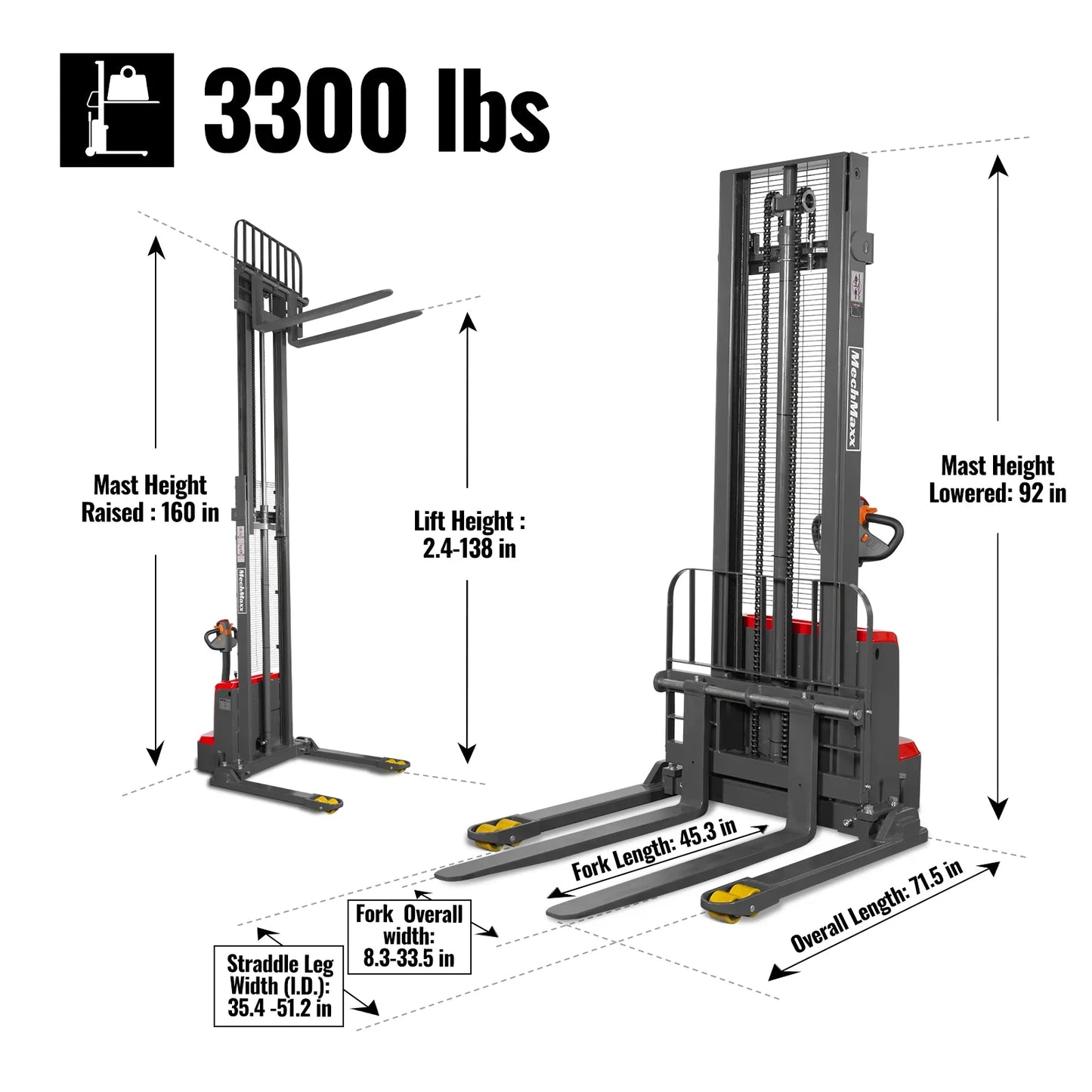 MechMaxx F33-138S Stacker 3300lbs Lithium-ion Electric Straddle 138" Lift Adjustable Legs & Forks New