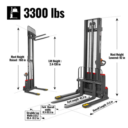 MechMaxx F33-138SLA Stacker 3300 lbs Electric Straddle 138" Lift Adjustable Legs Forks New