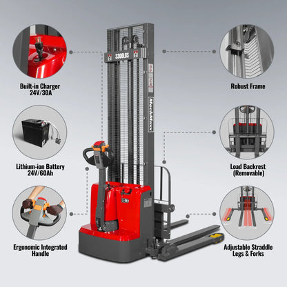 MechMaxx F33-138S Stacker 3300lbs Lithium-ion Electric Straddle 138" Lift Adjustable Legs & Forks New