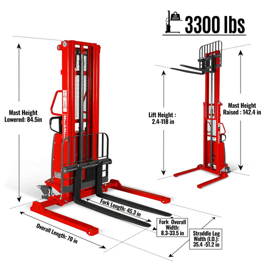 MechMaxx S33-118S Stacker 3300lbs Semi-Electric Straddle 118" Lift Adjustable Legs & Forks New