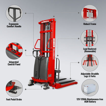 MechMaxx S33-118S Stacker 3300lbs Semi-Electric Straddle 118" Lift Adjustable Legs & Forks New