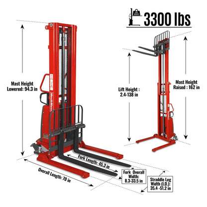 MechMaxx S33-138S Stacker 3300 lbs Semi-Electric Straddle 138" Lift Adjustable Legs Forks New