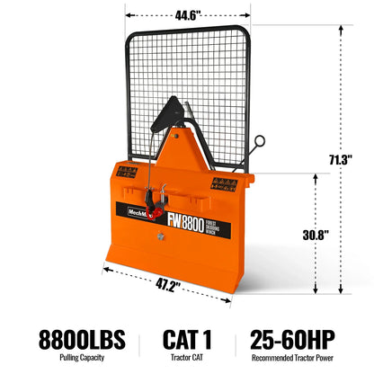 MechMaxx FW8800 Forestry Winch 8800 lbs 3-Point Hitch Log Skidding 200' Cable 25-60 HP Tractor Category 1 Hookup New