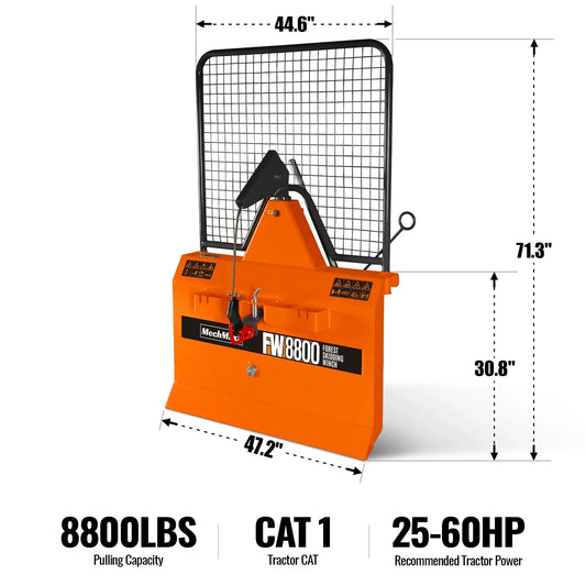 MechMaxx FW8800 Forestry Winch 8800 lbs 3-Point Hitch Log Skidding 200' Cable 25-60 HP Tractor Category 1 Hookup New
