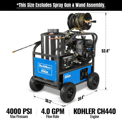 MechMaxx HPW40K Pressure Washer 4000 PSI 4 GPM Kohler Electric Start Engine Hot Water Hose Reel New