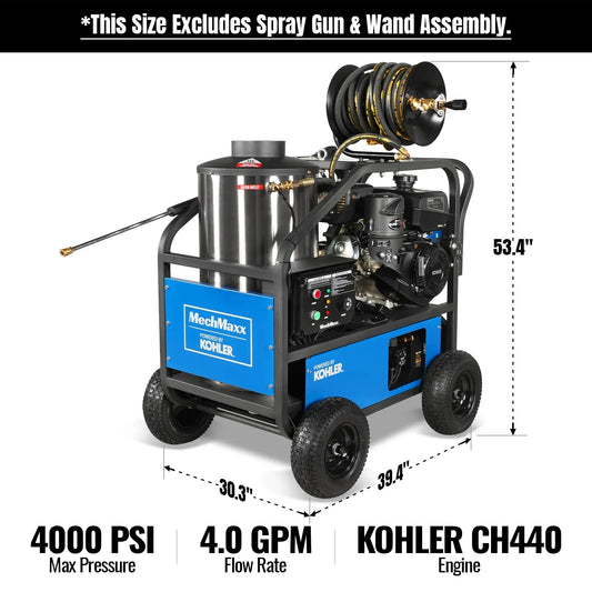 MechMaxx HPW40K Pressure Washer 4000 PSI 4 GPM Kohler Electric Start Engine Hot Water Hose Reel New